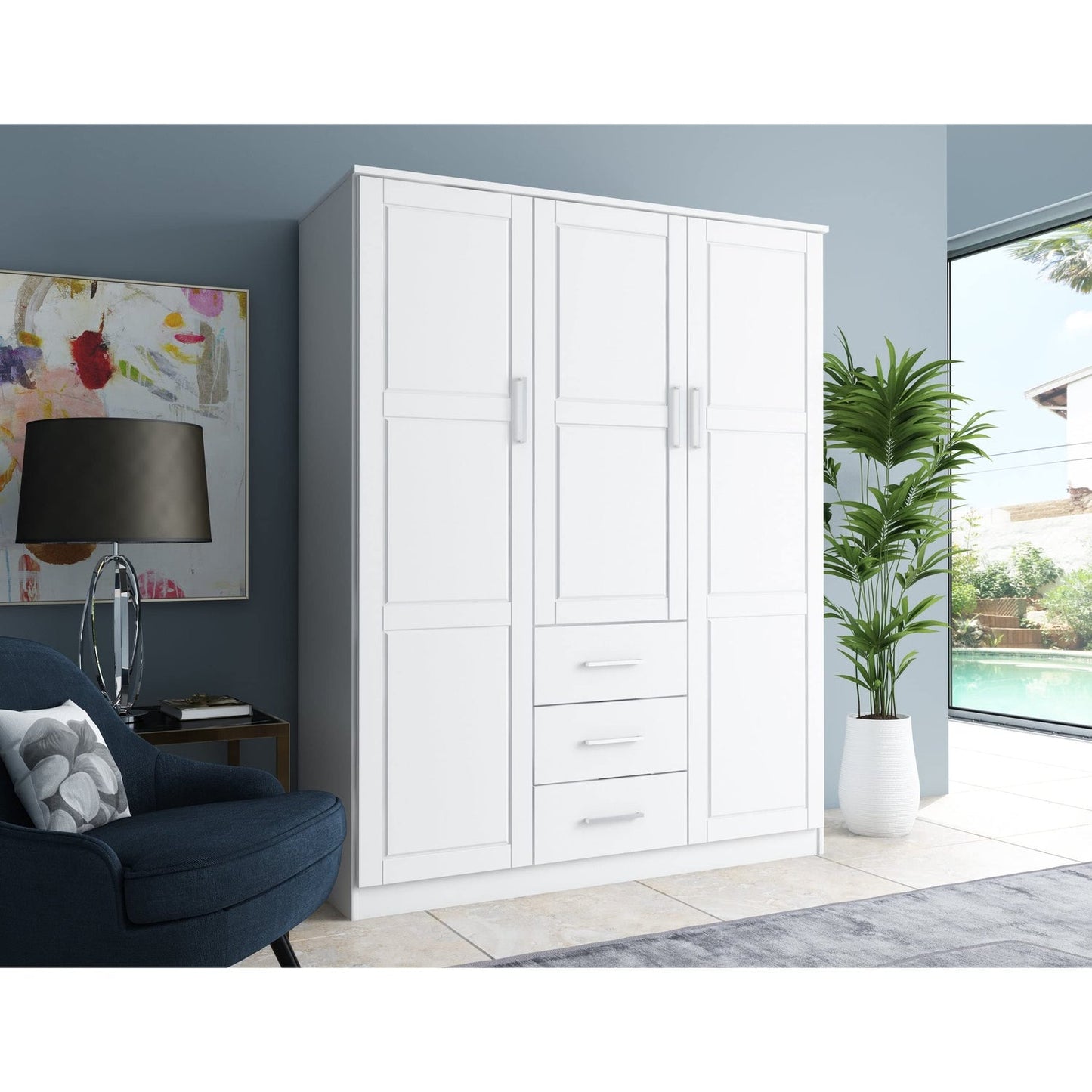 Cosmo solid wood 3-door armoire with raised panel doors, showcasing elegant craftsmanship and timeless wardrobe design-1