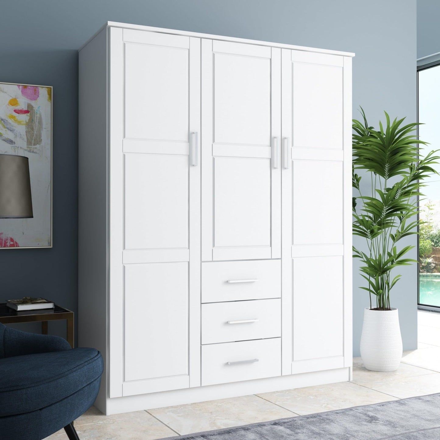 Cosmo solid wood 3-door armoire with raised panel doors, showcasing elegant craftsmanship and timeless wardrobe design