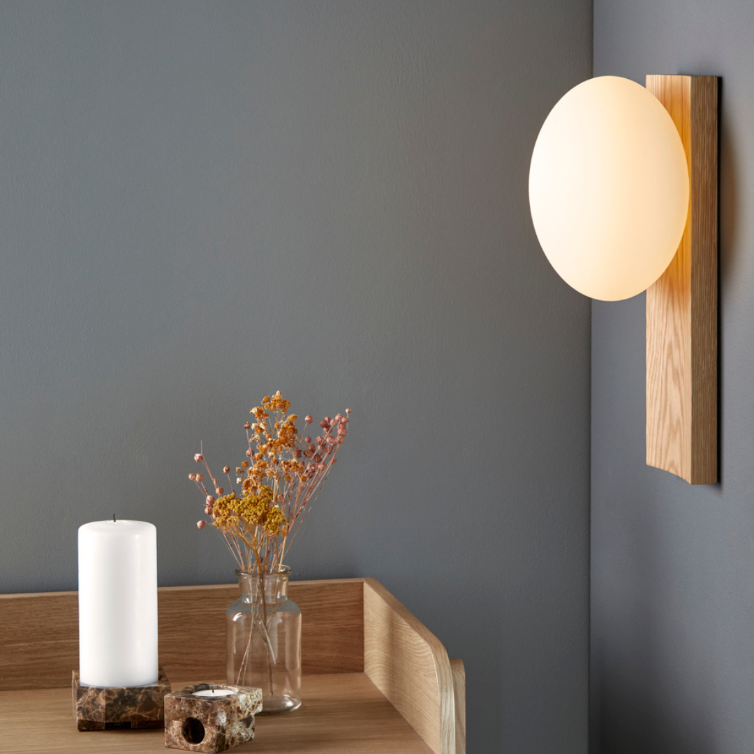 Ellipsoid Glass Table & Wall Lamp with Wooden Tray