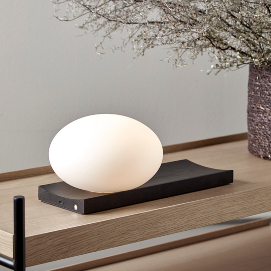 Ellipsoid Glass Table & Wall Lamp with Wooden Tray