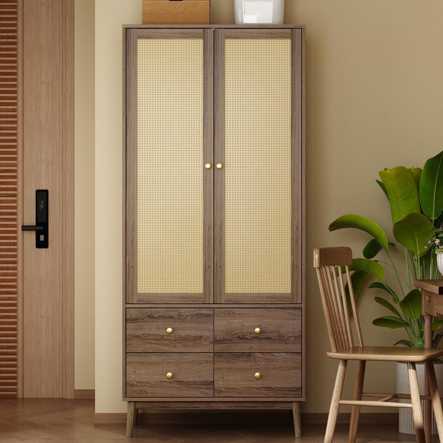 Farmhouse style armoire featuring a hanging rod and elegant gold hardware, perfect for rustic and modern interiors-1