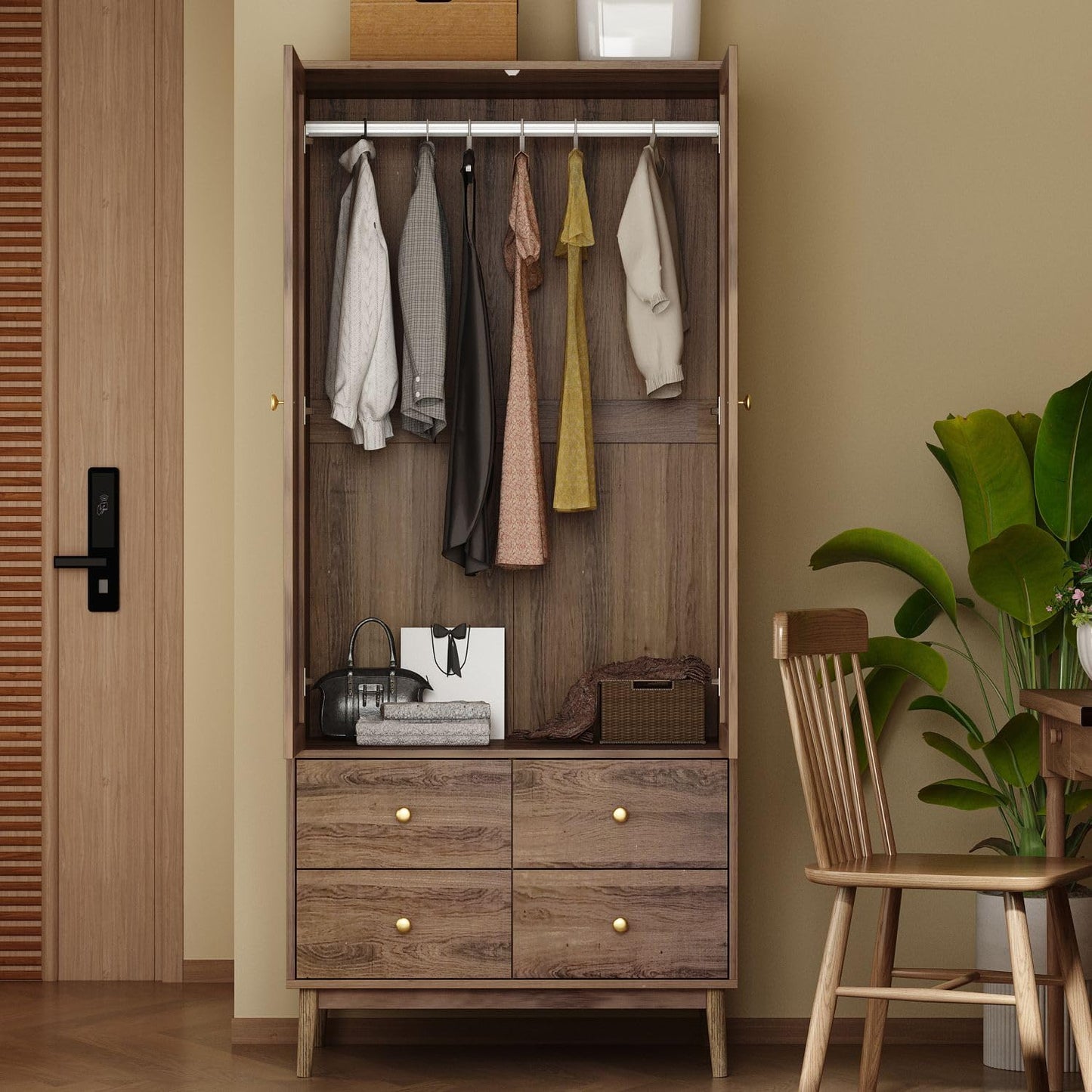 Farmhouse style armoire featuring a hanging rod and elegant gold hardware, perfect for rustic and modern interiors-2