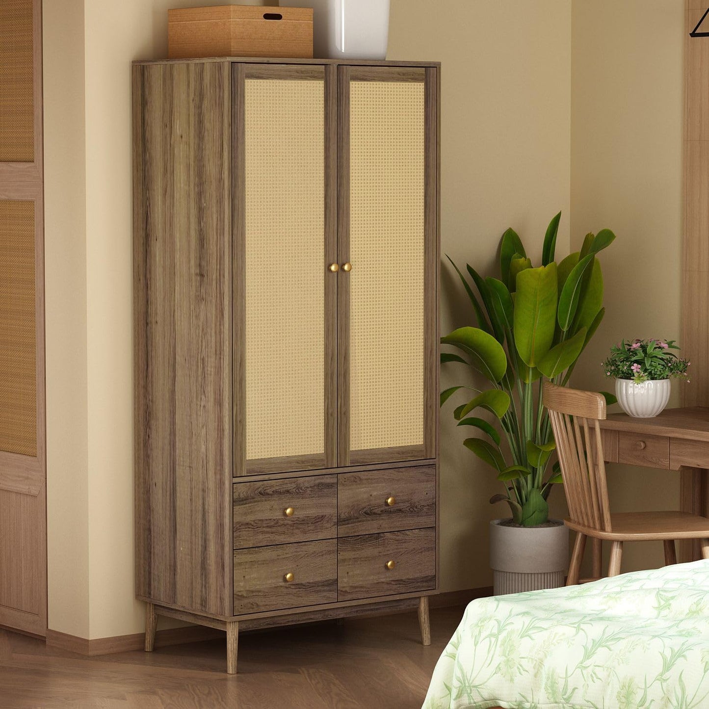 Farmhouse style armoire featuring a hanging rod and elegant gold hardware, perfect for rustic and modern interiors