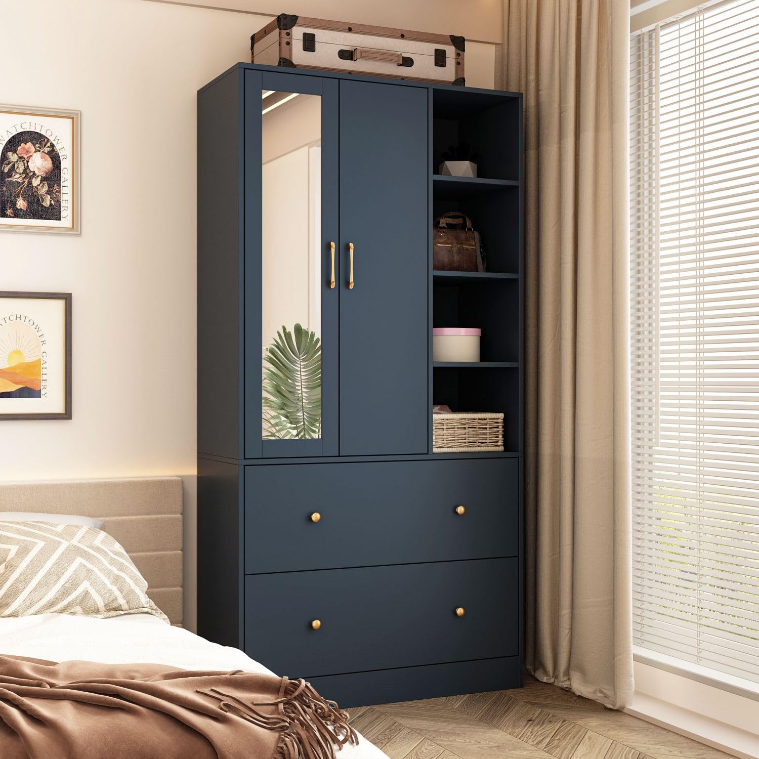Modern armoire wardrobe featuring a full-length mirror and sliding hanging rod, designed for stylish and functional storage-1