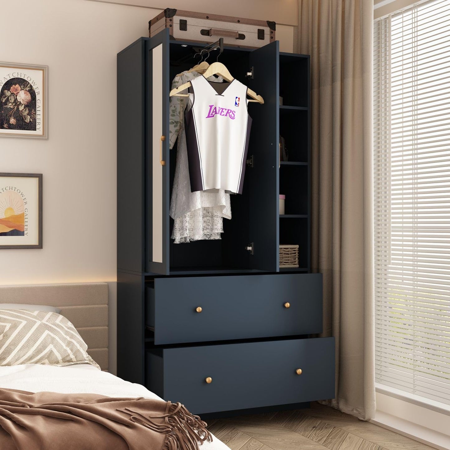 Modern armoire wardrobe featuring a full-length mirror and sliding hanging rod, designed for stylish and functional storage-2