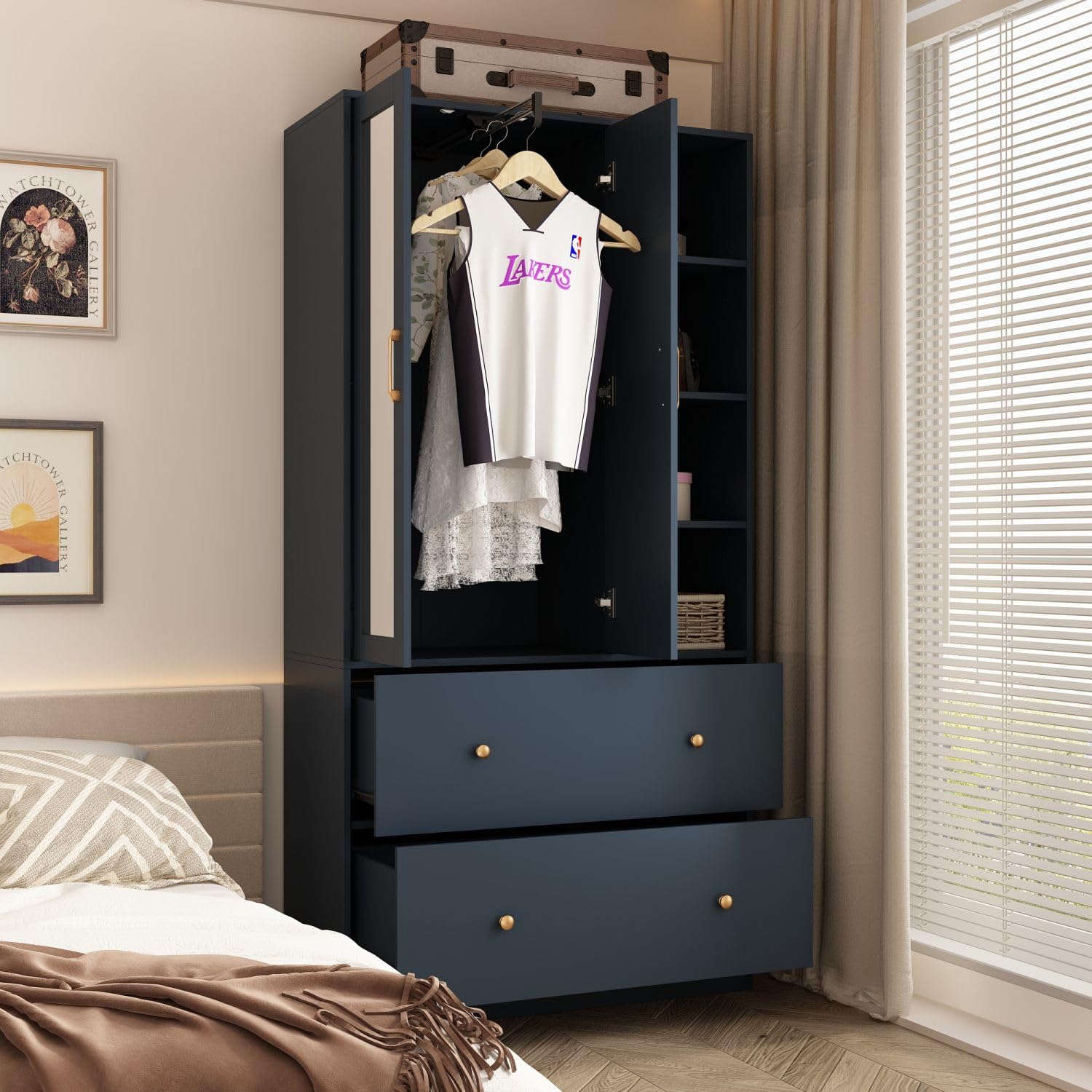 Modern armoire wardrobe featuring a full-length mirror and sliding hanging rod, designed for stylish and functional storage-2