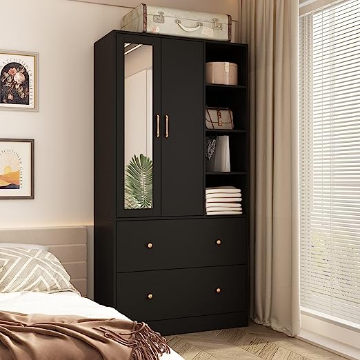 Modern armoire wardrobe featuring a full-length mirror and sliding hanging rod, designed for stylish and functional storage-3