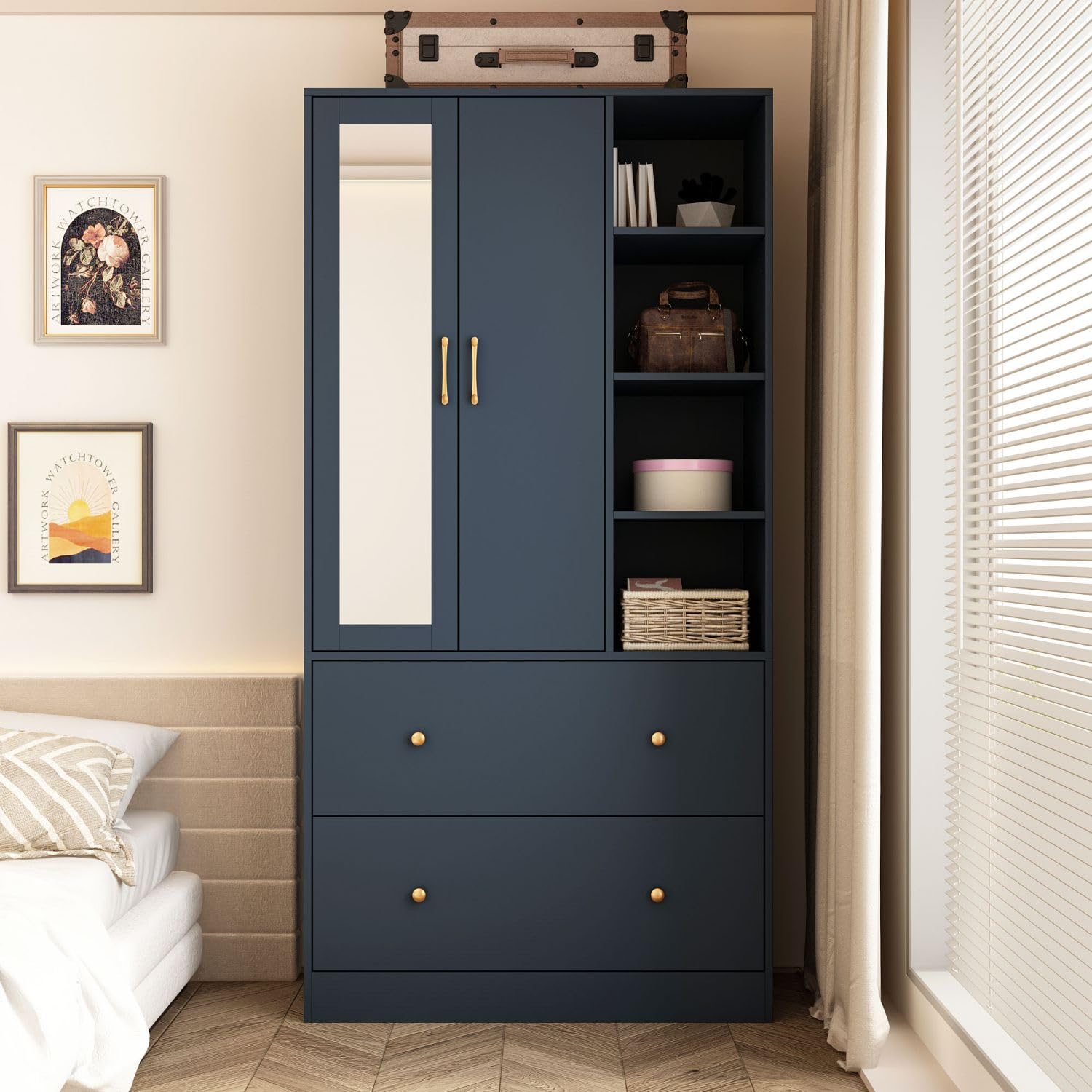 Modern armoire wardrobe featuring a full-length mirror and sliding hanging rod, designed for stylish and functional storage.