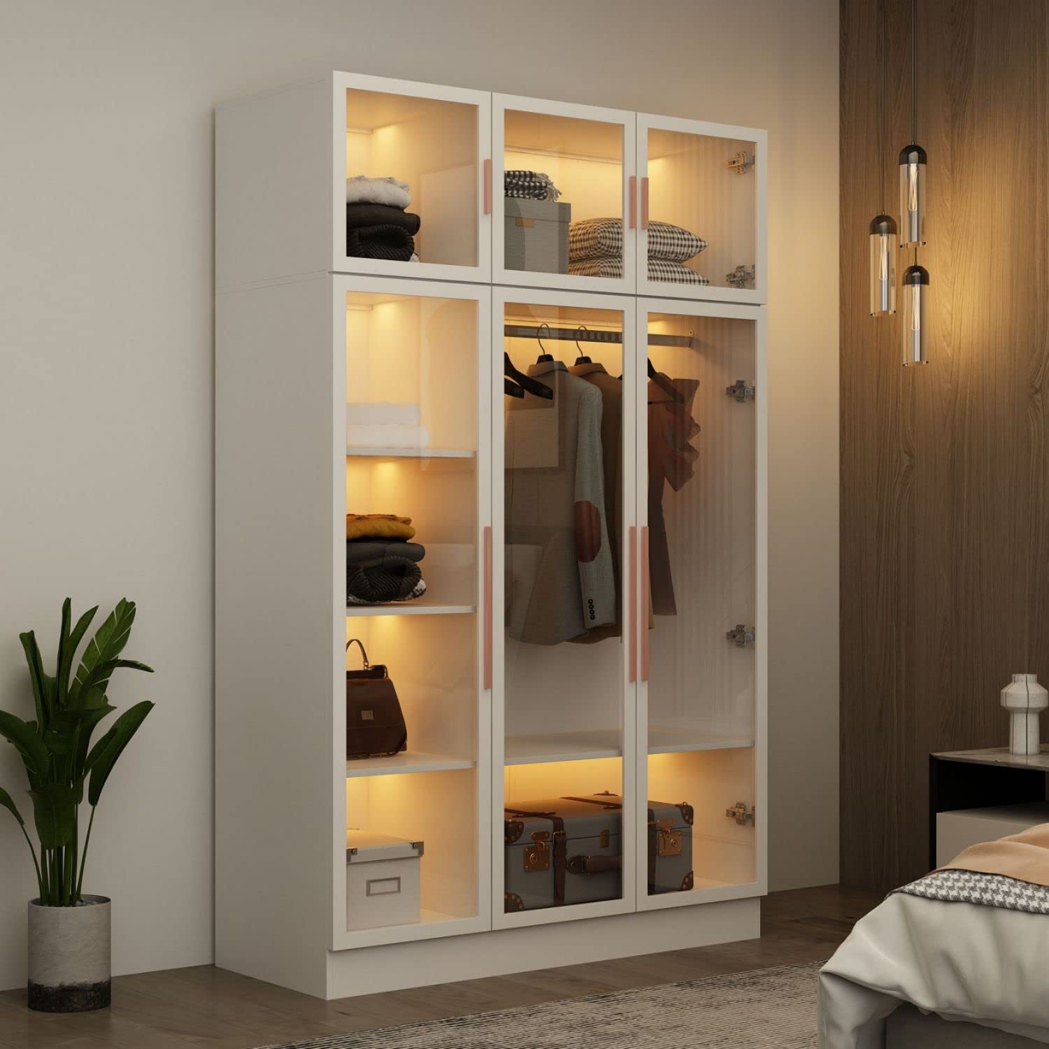 Multi-function armoire wardrobe featuring shelves and hanging rod storage, designed for versatile and organized clothing storage
