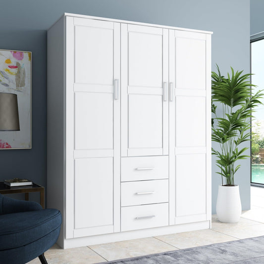 Cosmo solid wood 3-door armoire with raised panel doors, showcasing elegant craftsmanship and timeless wardrobe design