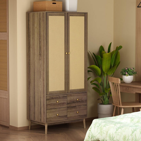 Farmhouse style armoire featuring a hanging rod and elegant gold hardware, perfect for rustic and modern interiors